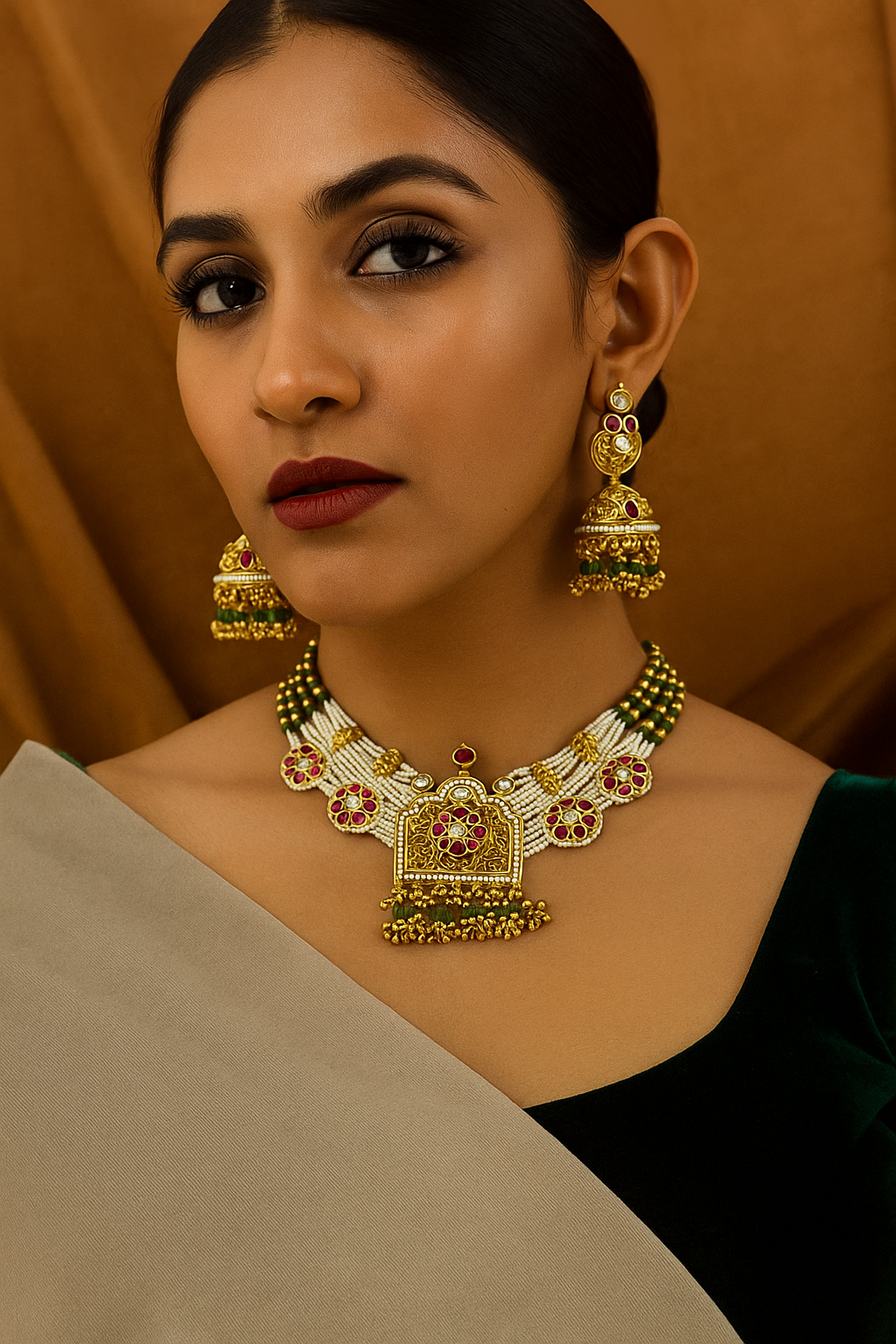 Temple-Inspired Ruby & Pearl Kundan Choker Set