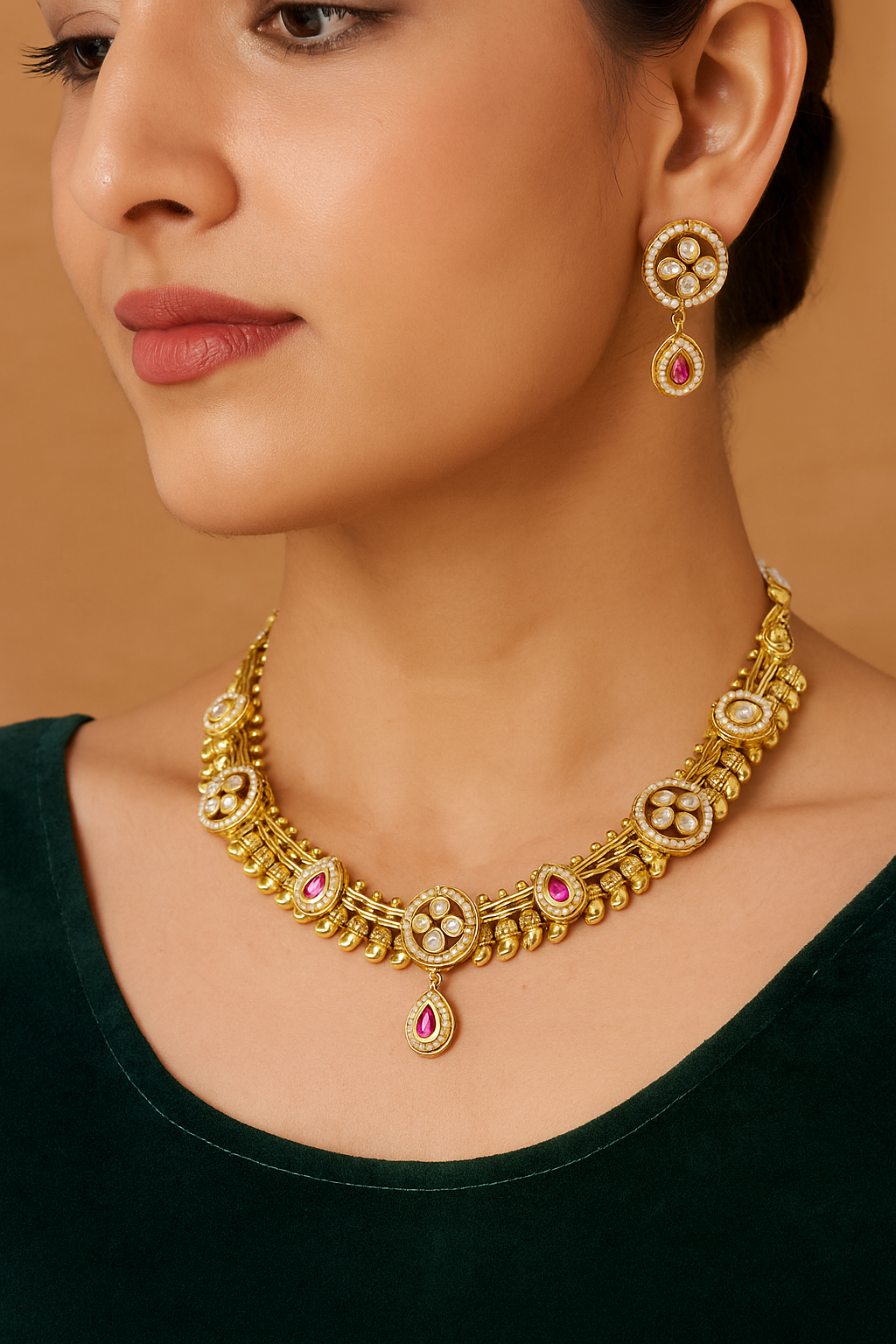 Traditional Kundan Necklace Set with Pink Stone Drops & Antique Finish
