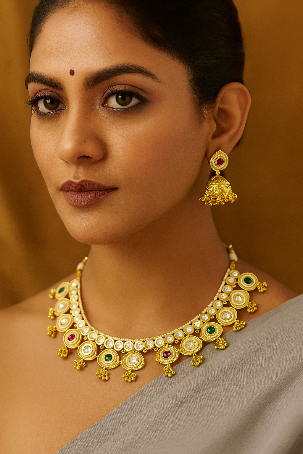 Multi-Stone Antique Kundan Necklace Set with Jhumka Earrings