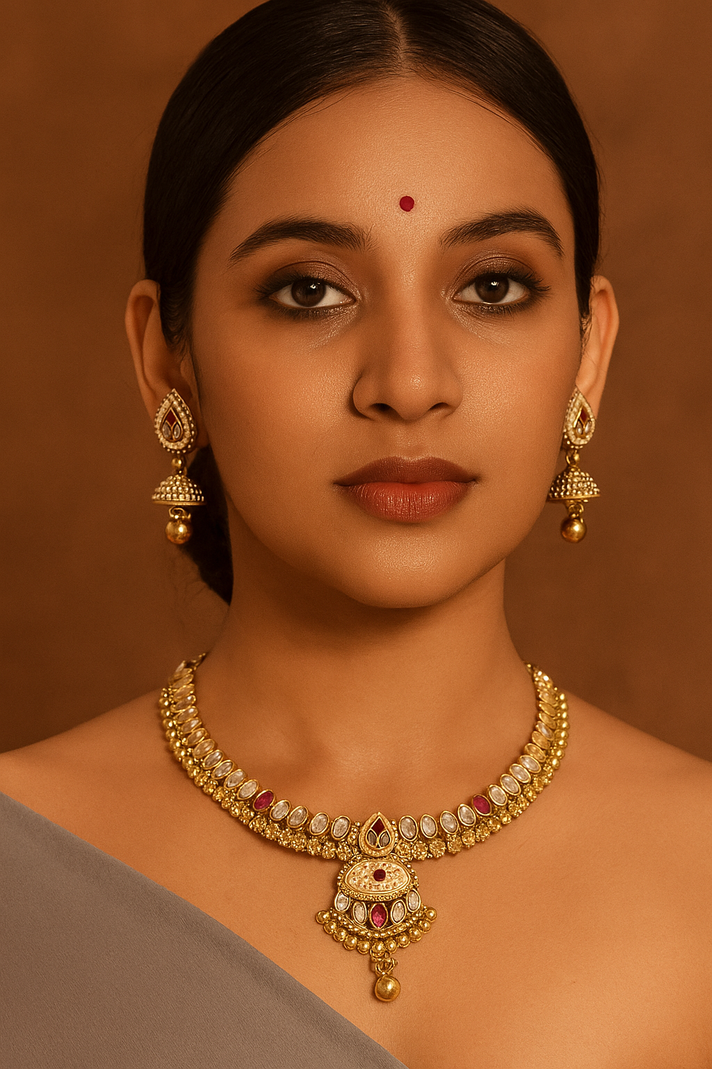 Antique Kundan Choker Set with Jhumka Earrings & Statement Pendant