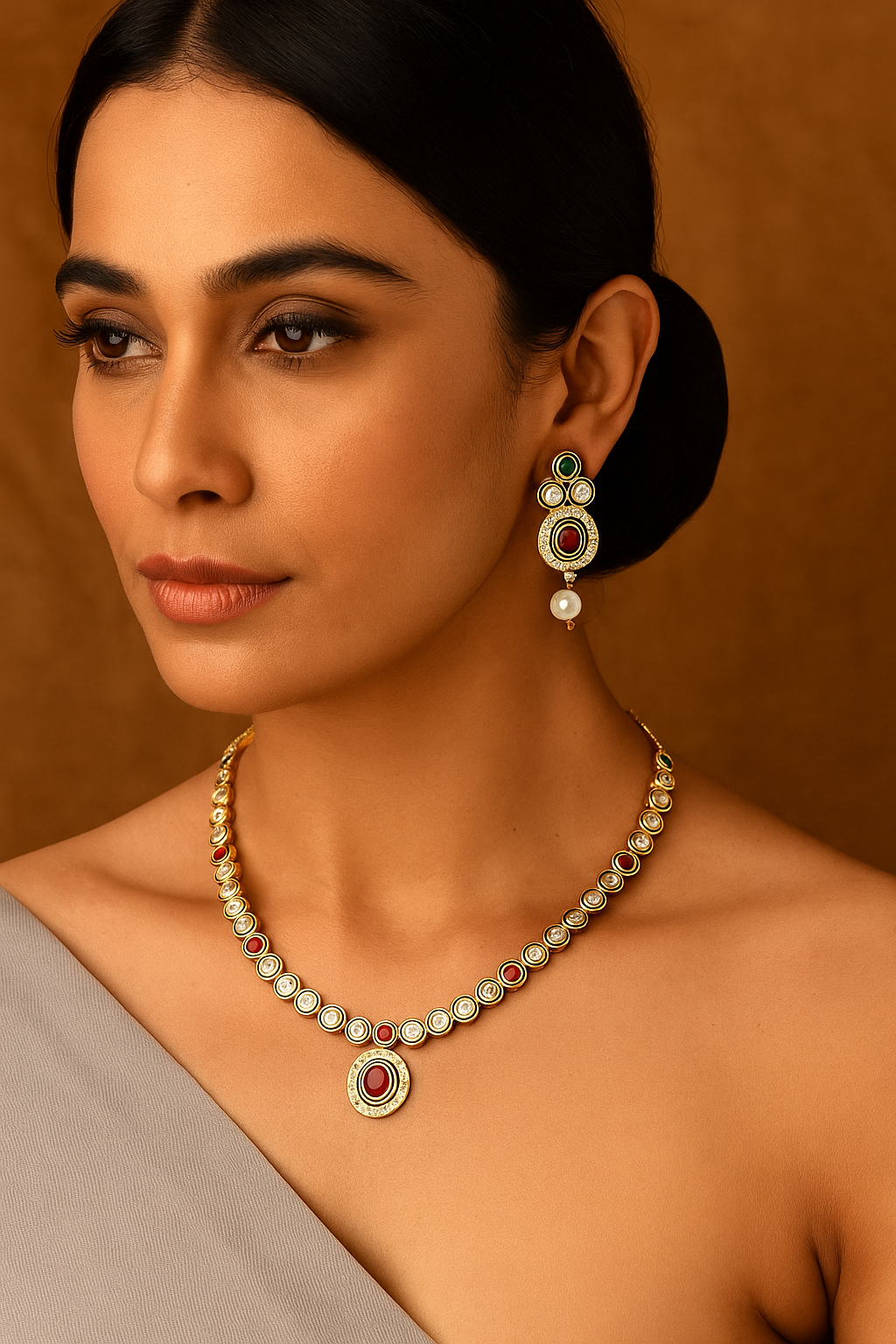 Ruby-Centered Diamond Necklace Set with Green Accents & Pearl Drops
