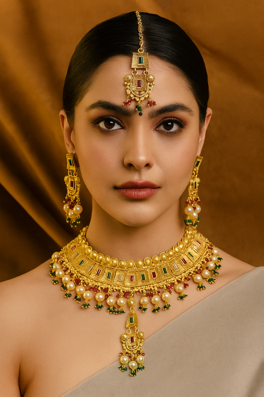 Antique Pearl Temple Choker Set with Earrings & Maang Tikka