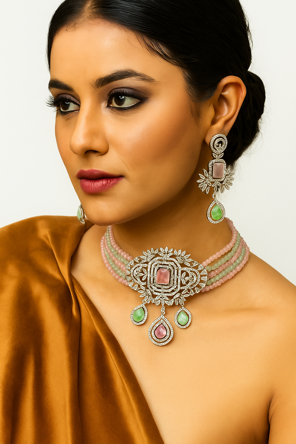 Pastel Pink & Mint Green Diamond Choker Set with Elegant Earrings