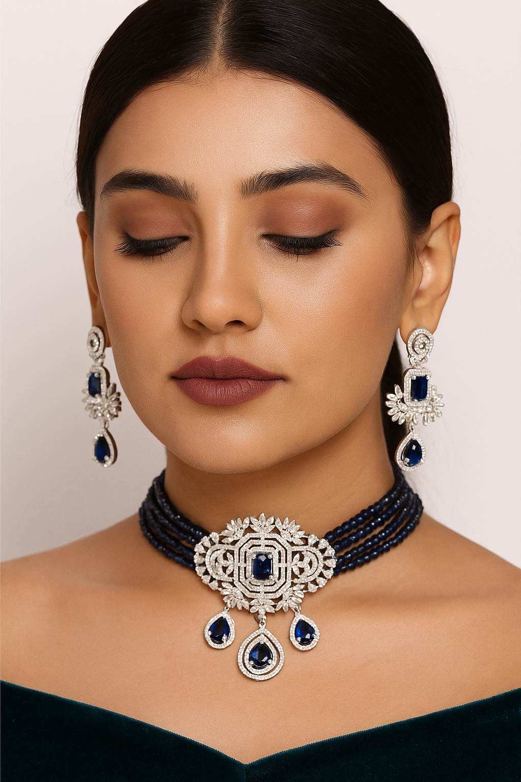 Royal Sapphire Blue Diamond Choker Set with Earrings