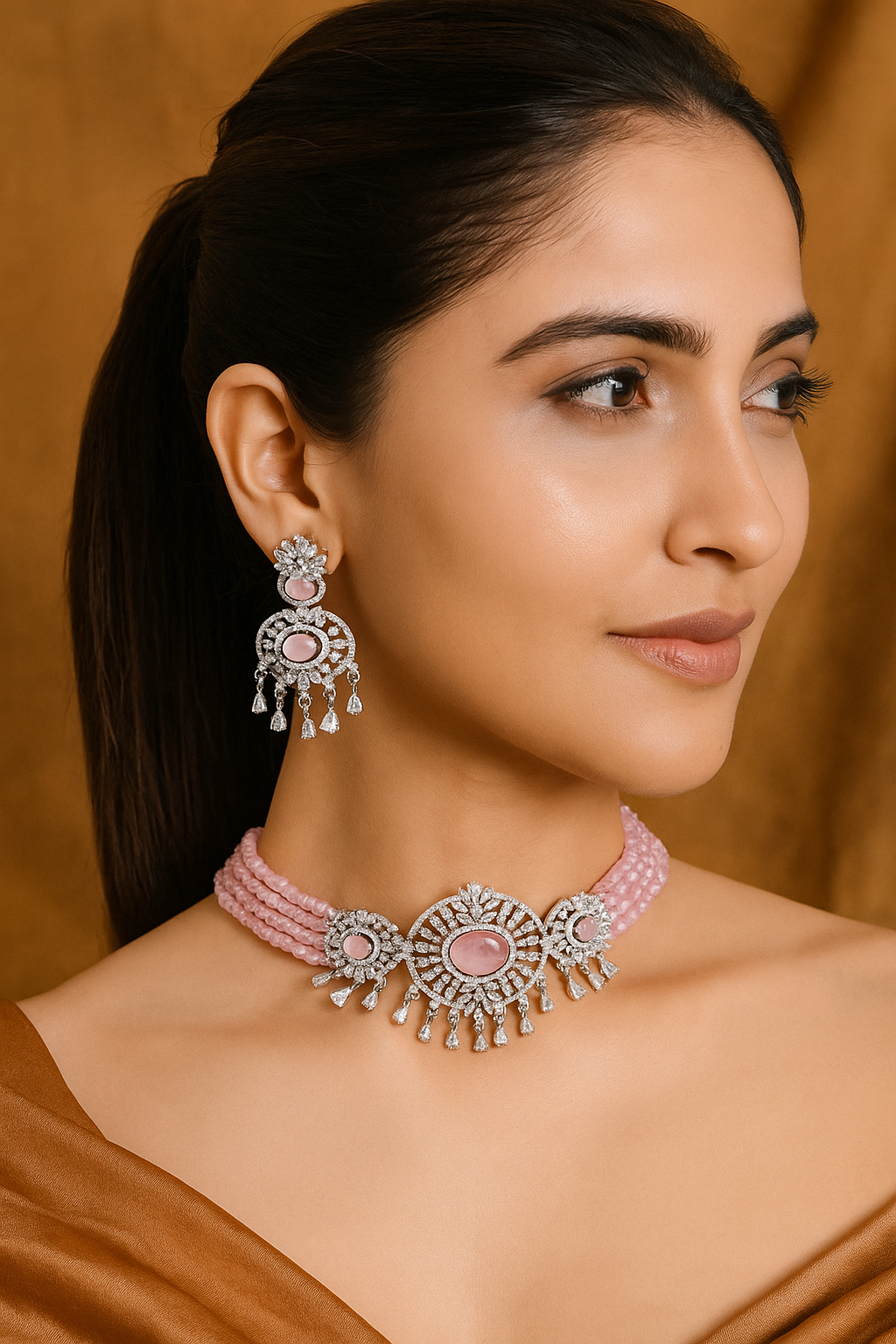 Pastel Pink American Diamond Choker Set with Dangling Drops