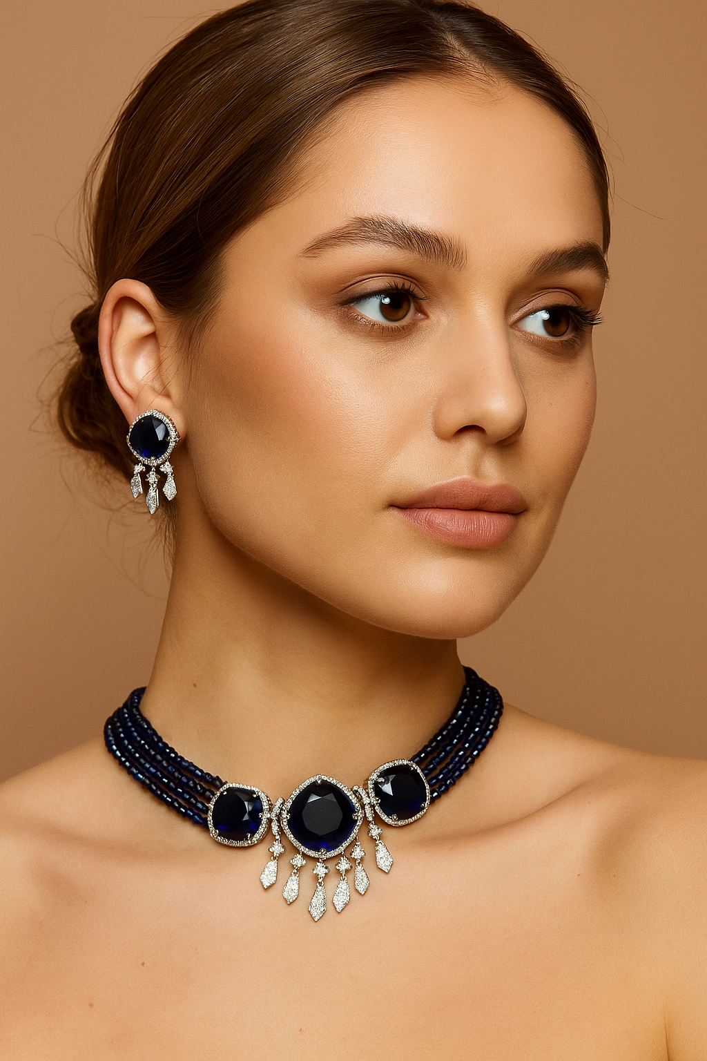 Bold Navy Blue Diamond Choker Set with Dangling Sparkle Stones