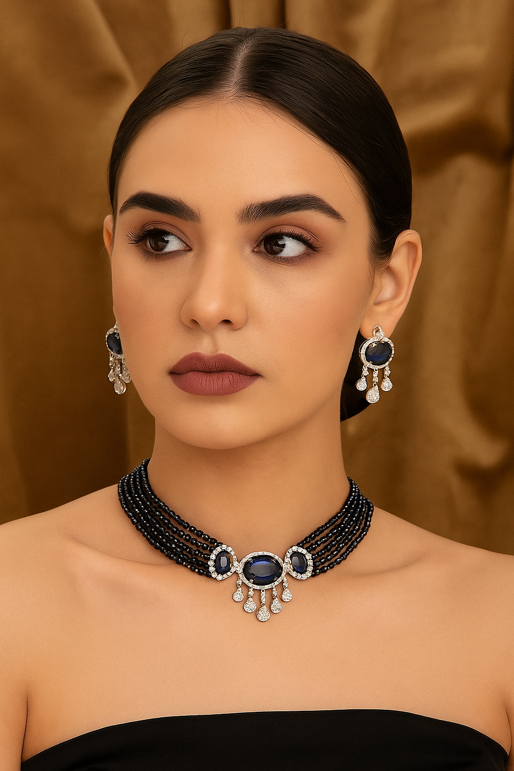 Midnight Glam Blue Stone Diamond Choker Set