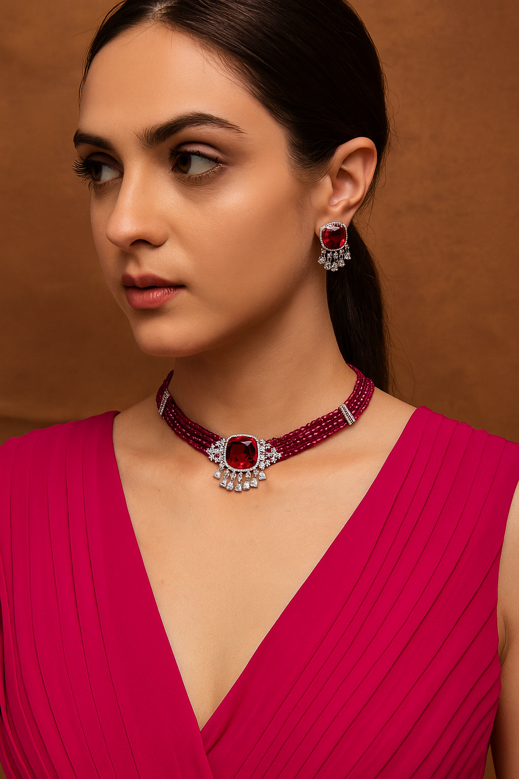 Ruby Red Stone Diamond Choker Set