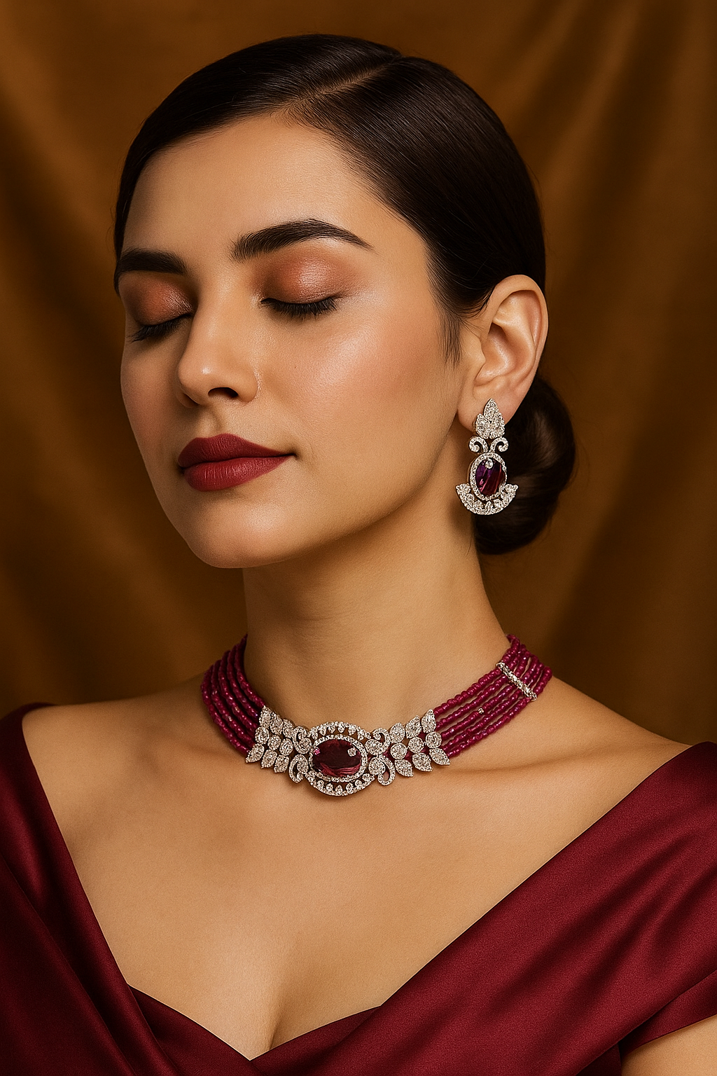 Royal Ruby Leaf Motif Diamond Choker Set