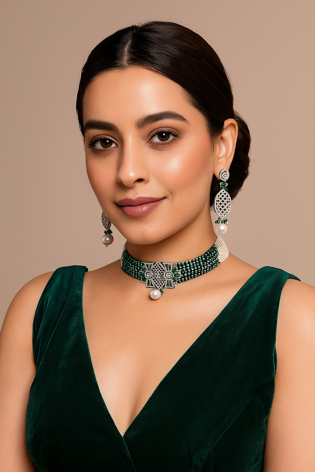 Pearl Emerald Net Motif Choker Set