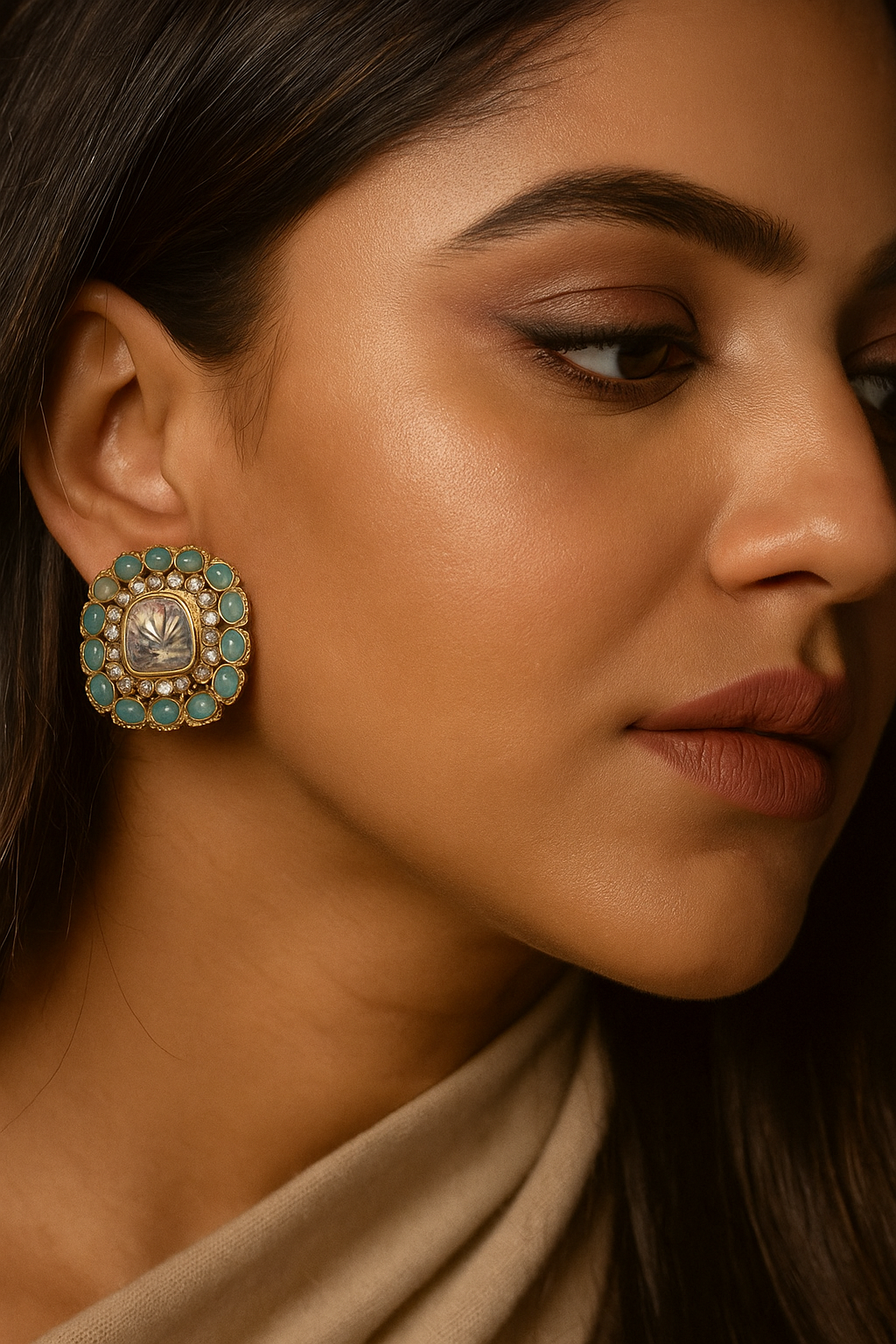 Pastel Blue Kundan Stud Earrings with Mirror Center