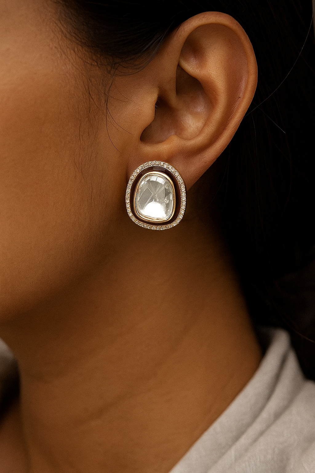Classic Mirror Stud Earrings with Maroon Border