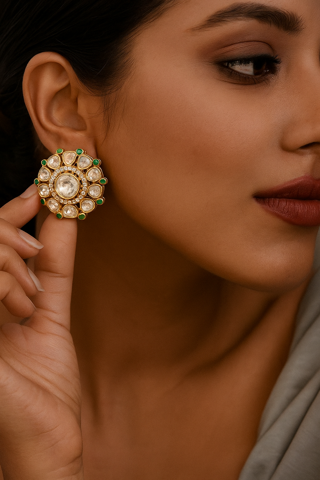 Round Kundan Stud Earrings with Green Accents