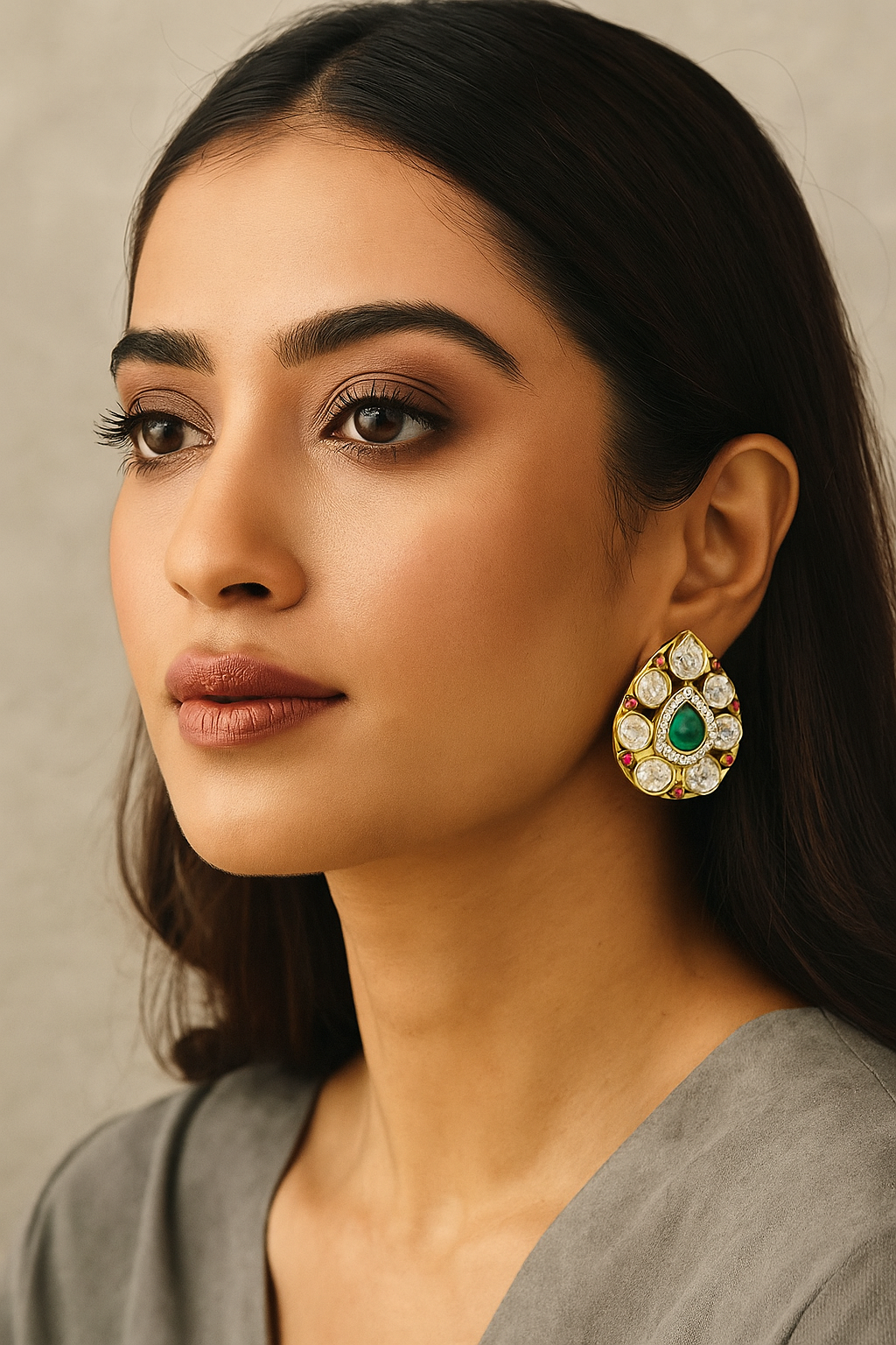 Teardrop Green Kundan Stud Earrings with Ruby Accents