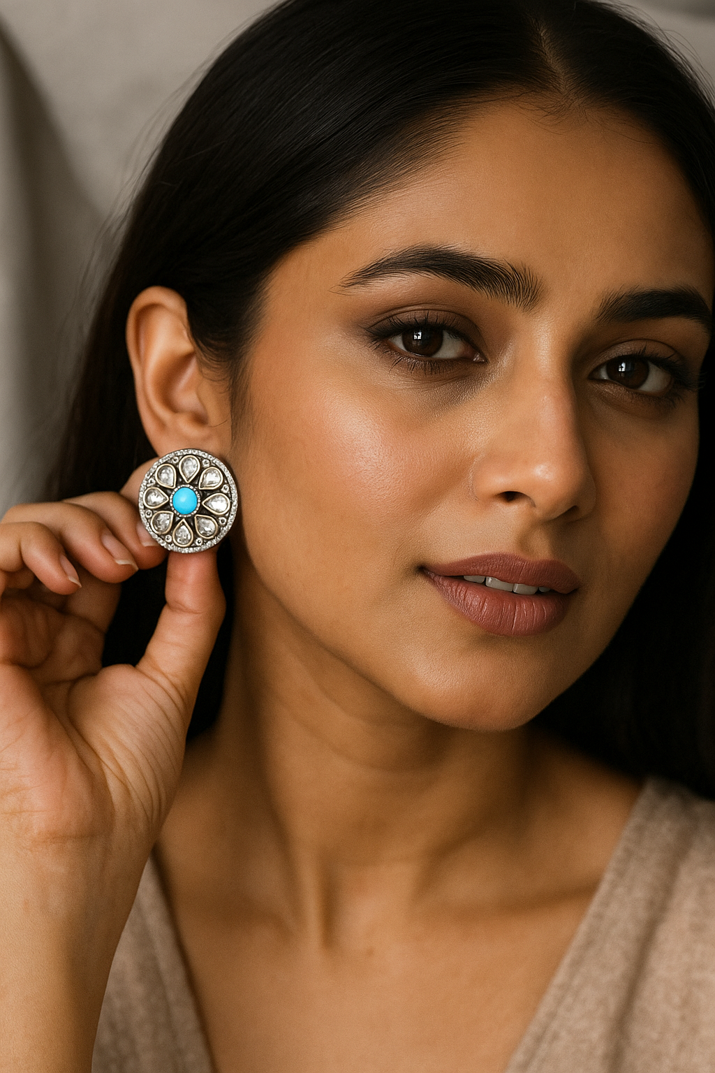 Oxidized Round Stud Earrings with Blue Stone Center