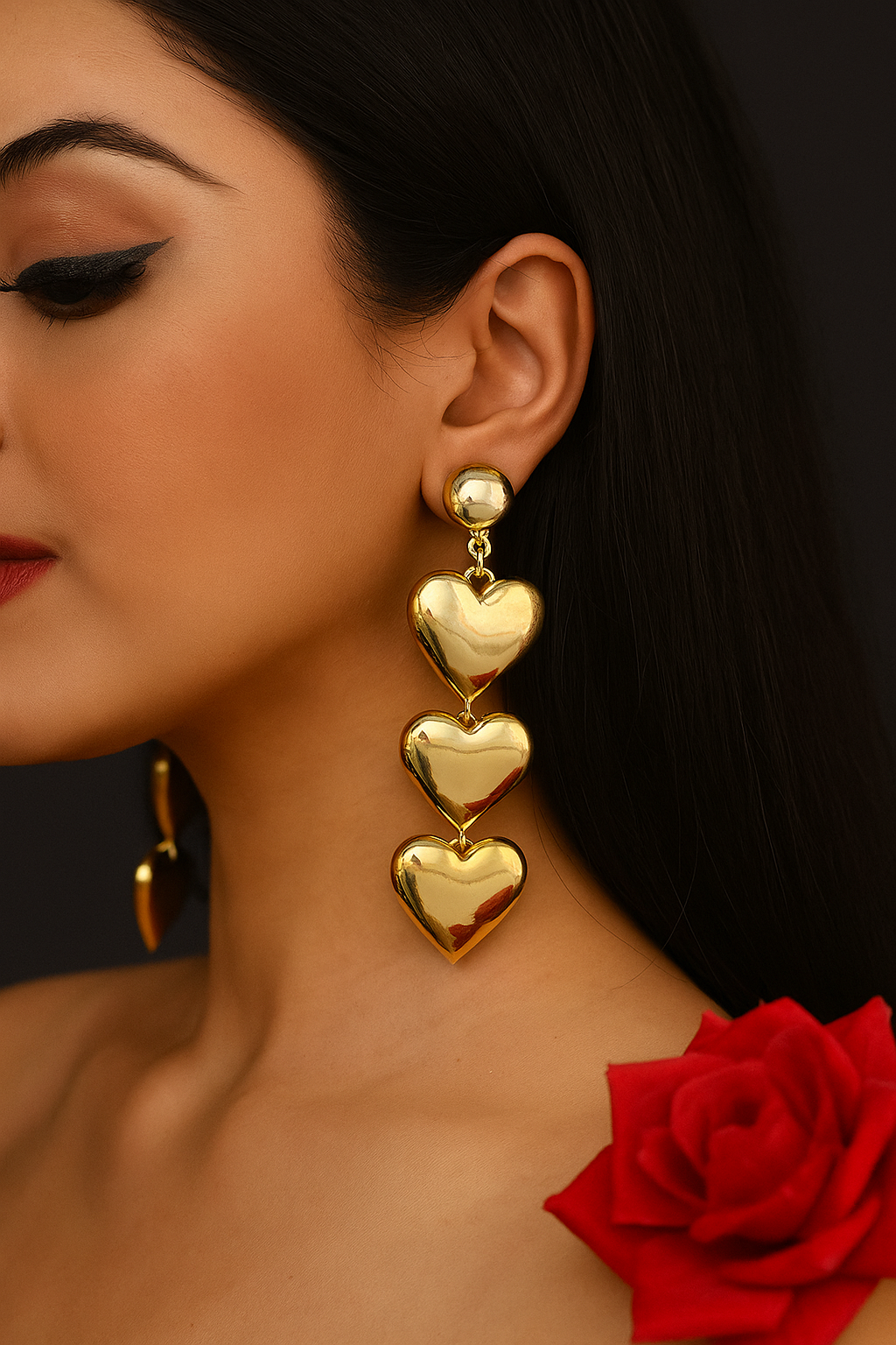 Golden Triple Heart Dangler Earrings – Statement Party Wear