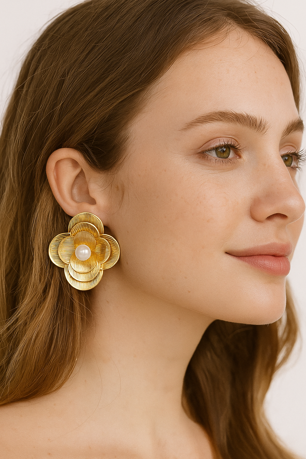 Golden Floral Pearl Stud Earrings – Elegant Party Wear