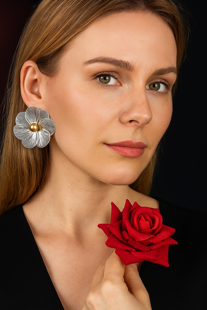 Silver & Gold Floral Stud Earrings – Statement Designer Jewellery