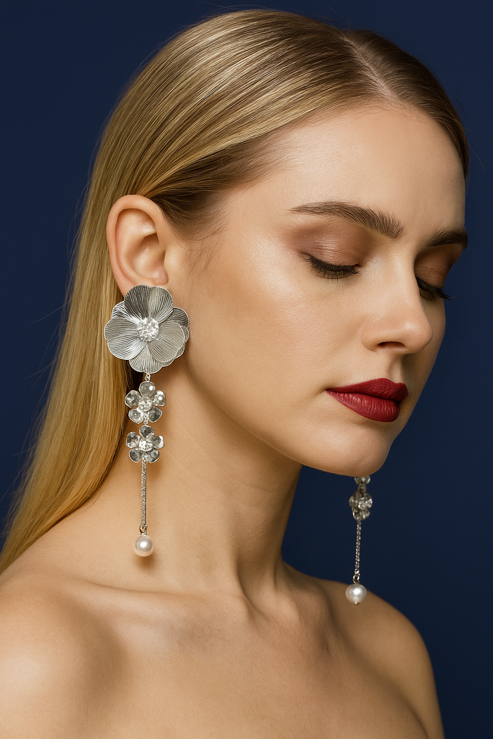 Silver Floral Drop Earrings with Pearl & Stone – Designer Party Wear
