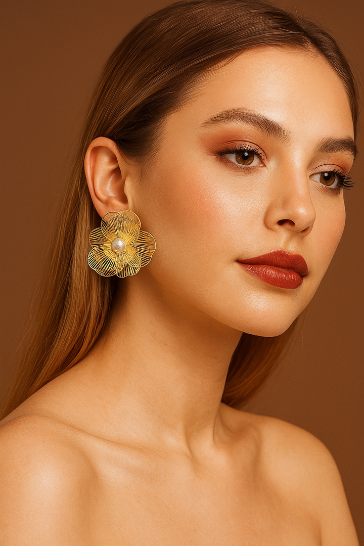 Golden Floral Stud Earrings – Elegant Designer Jewellery