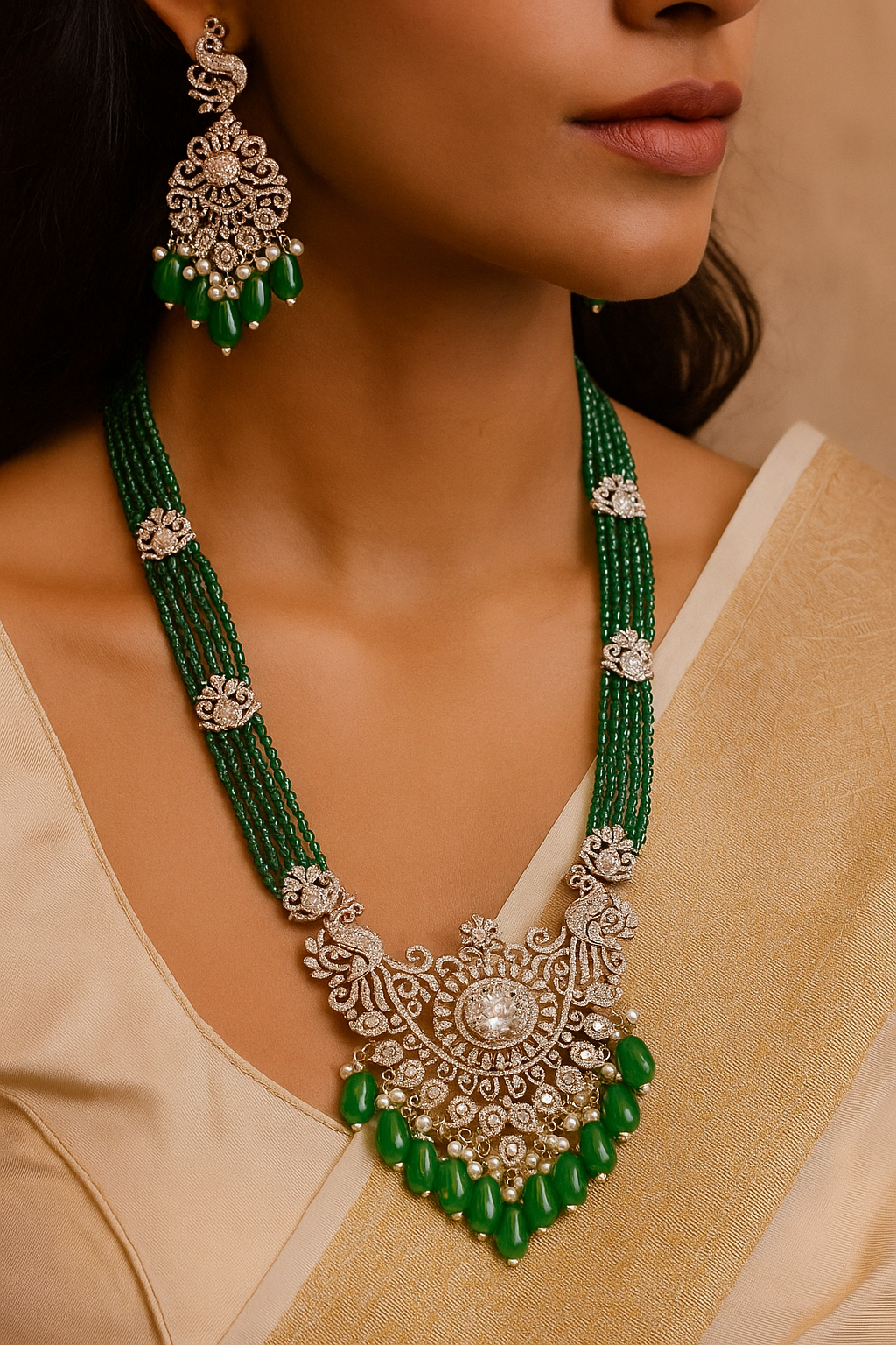 Green Beads & Diamond Look Peacock Necklace Set – Bridal Party Wear Jewellery