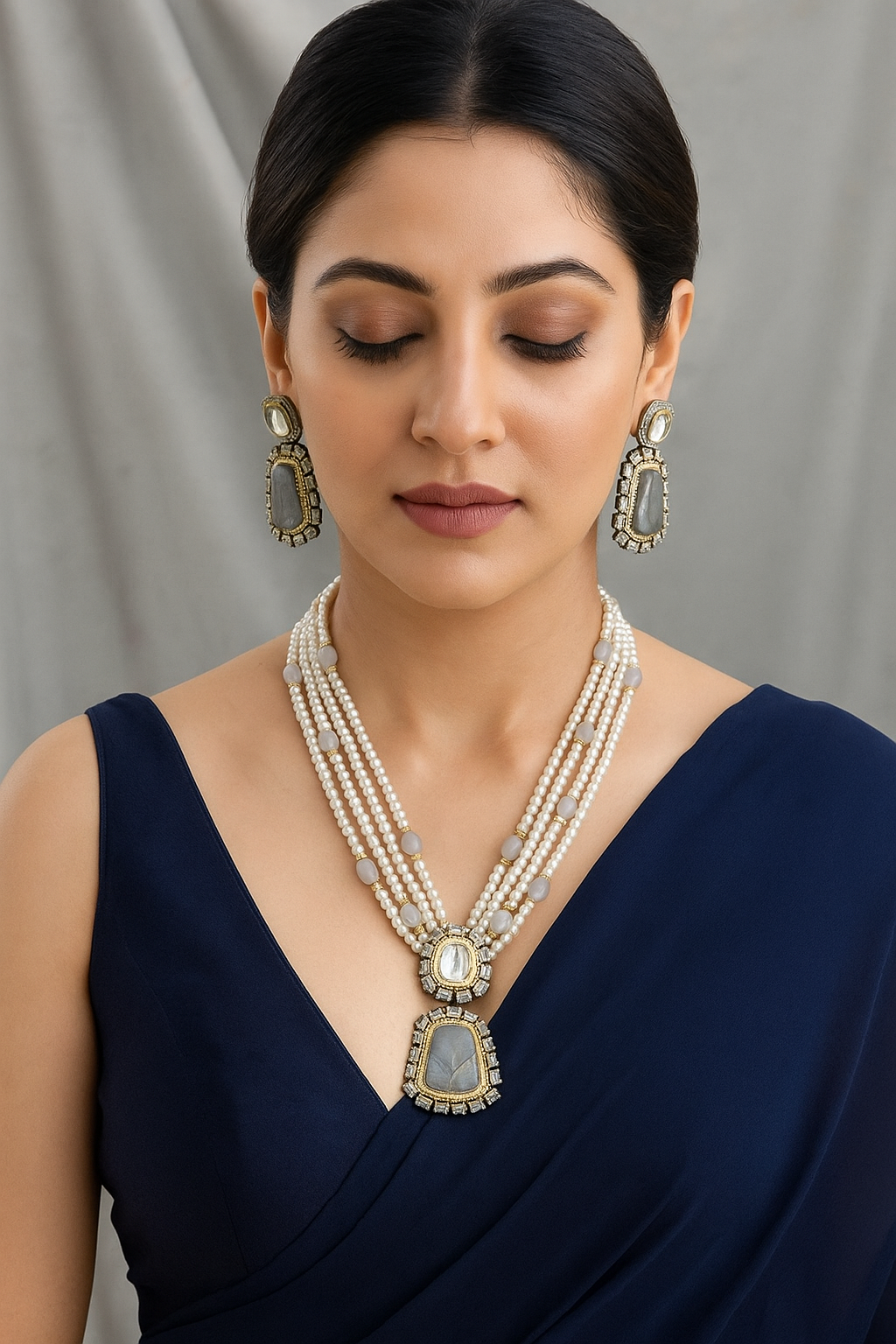 Pearl & Grey Stone Necklace Set – Elegant Bridal Party Wear Jewellery
