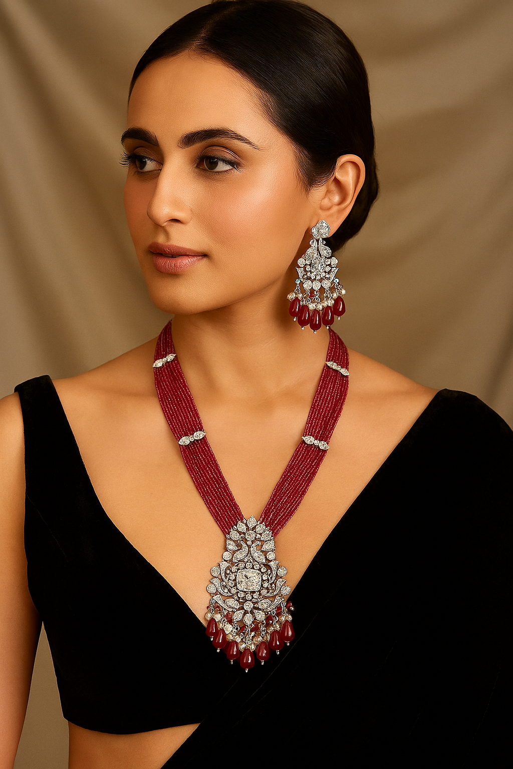 Ruby Beads & Diamond Look Peacock Necklace Set – Bridal Party Wear Jewellery