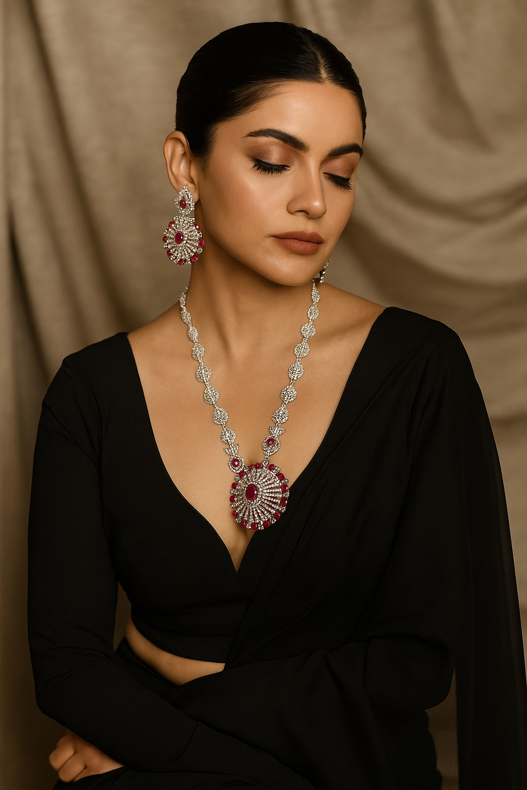 Ruby & Diamond Look Necklace Set – Bridal Wedding Jewellery with Earrings
