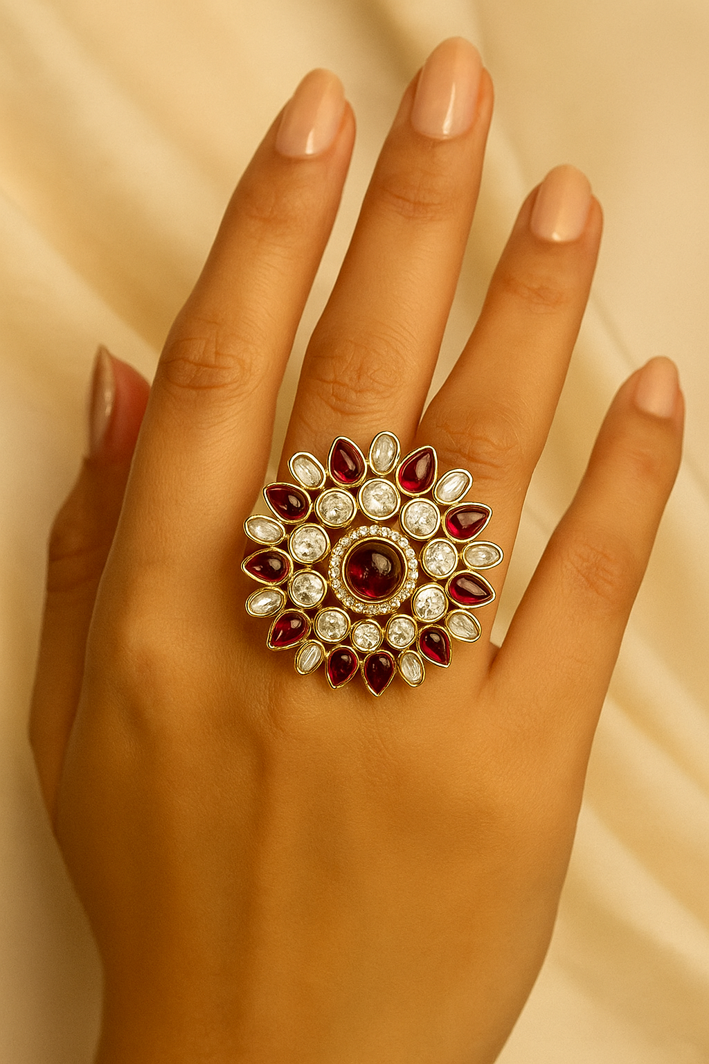 Royal Red & White Kundan Statement Ring – Adjustable Bridal & Party Wear