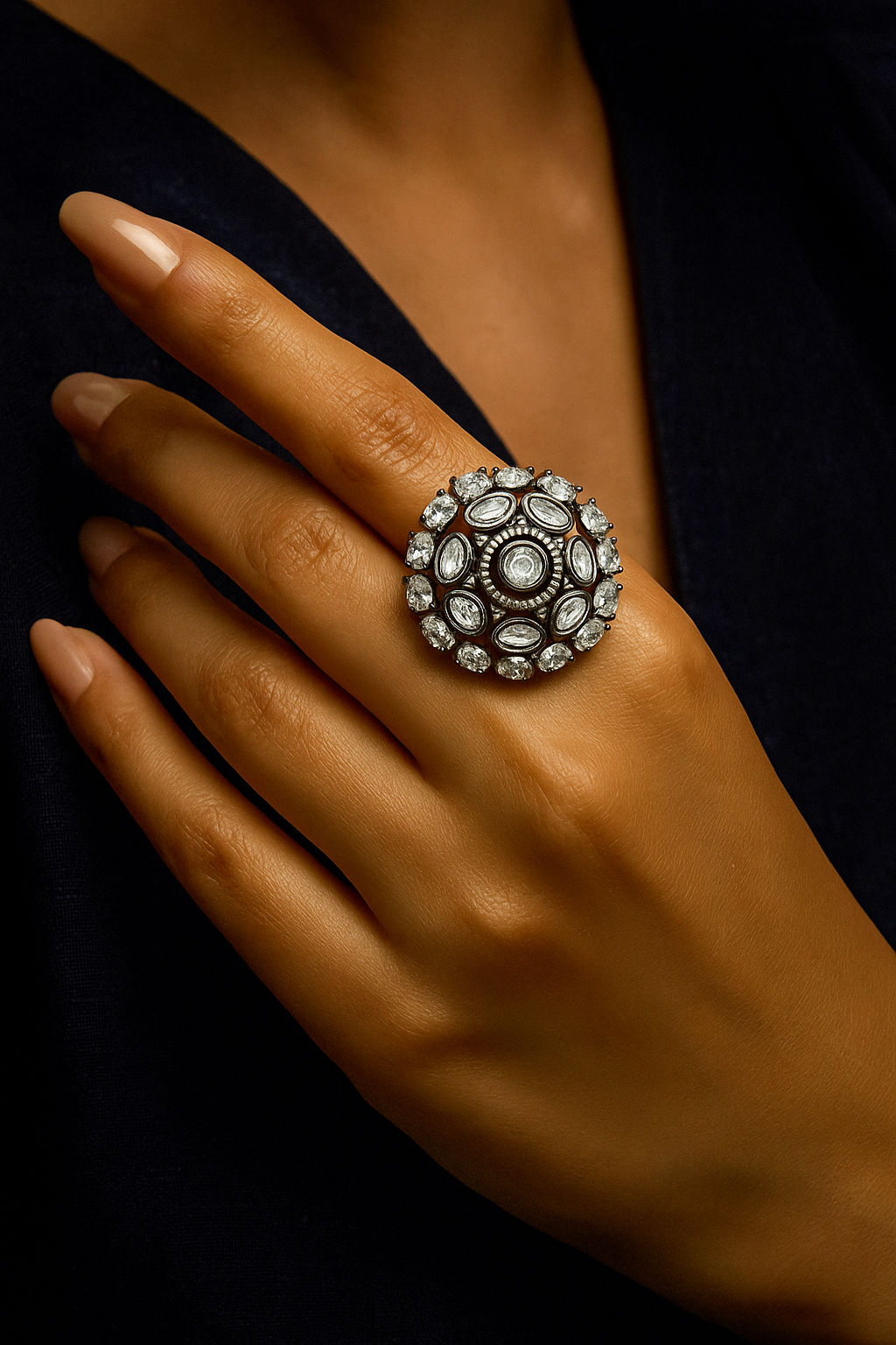 Royal Black & White Kundan Crystal Ring – Adjustable Cocktail Statement Ring