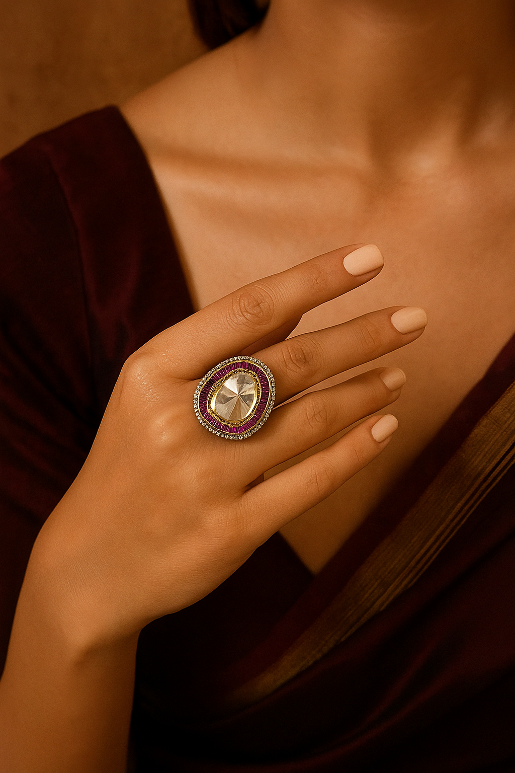 Teardrop Kundan Ring with Ruby Red Border – Adjustable Statement Ring