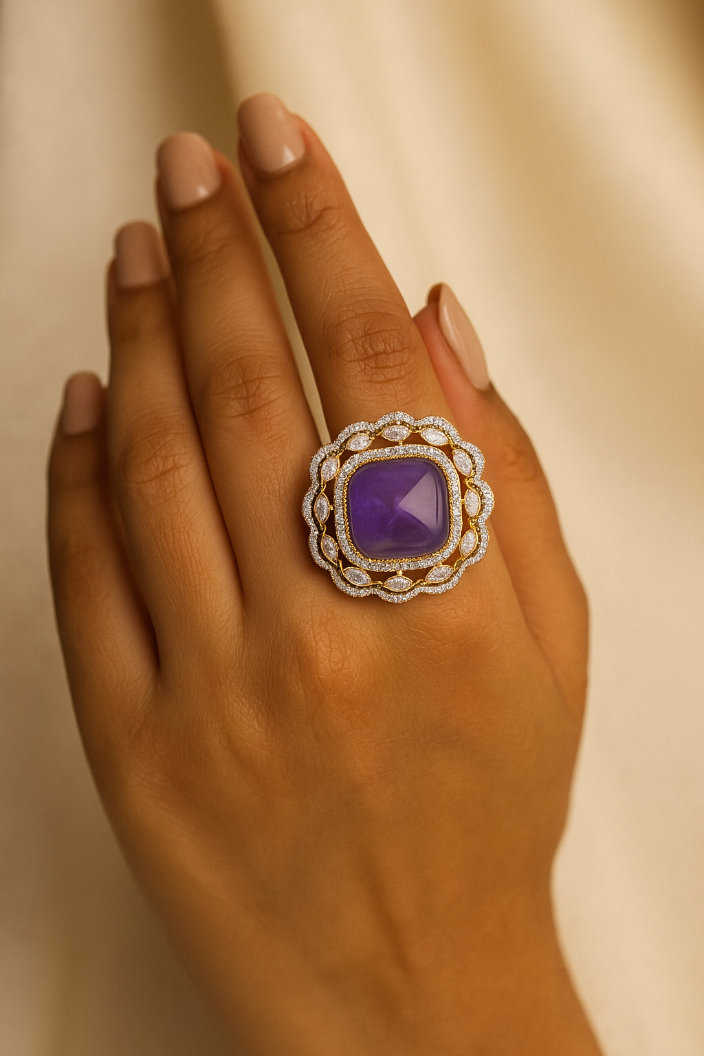 Royal Purple Stone Cocktail Ring with Diamond Accents – Adjustable Statement Ring