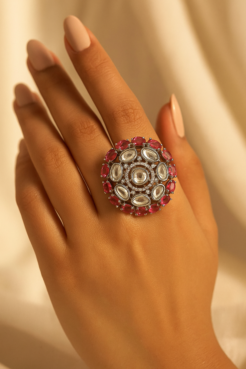Red & White Stone Statement Ring – Luxury Party Wear Jewellery