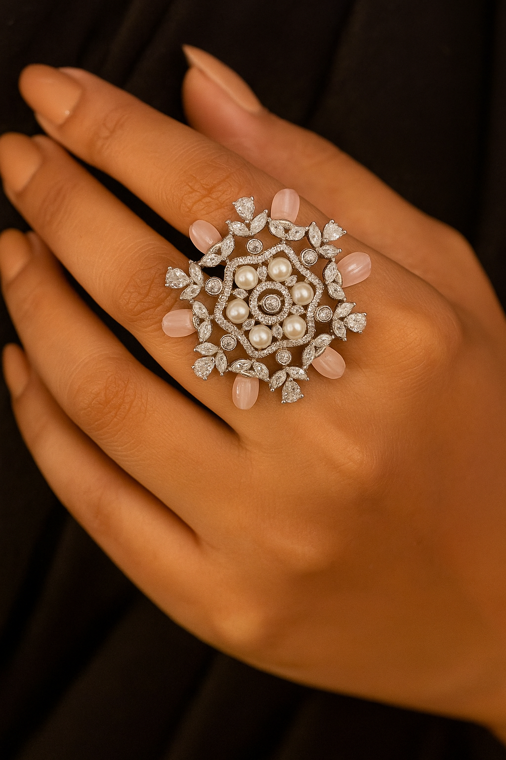 Pearl & Pink Stone Floral Statement Ring – Designer Party Wear Jewellery