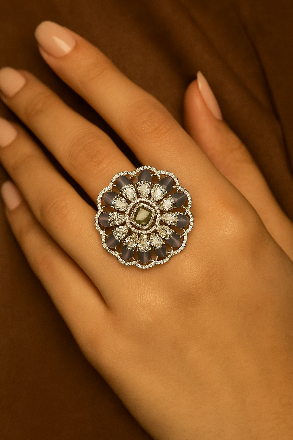 Lavender Diamond Petal Cocktail Ring – Elegant Statement Jewellery