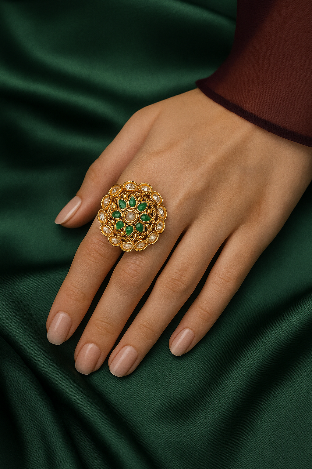 Adjustable Green Stone Kundan Ring – Traditional Cocktail Jewellery
