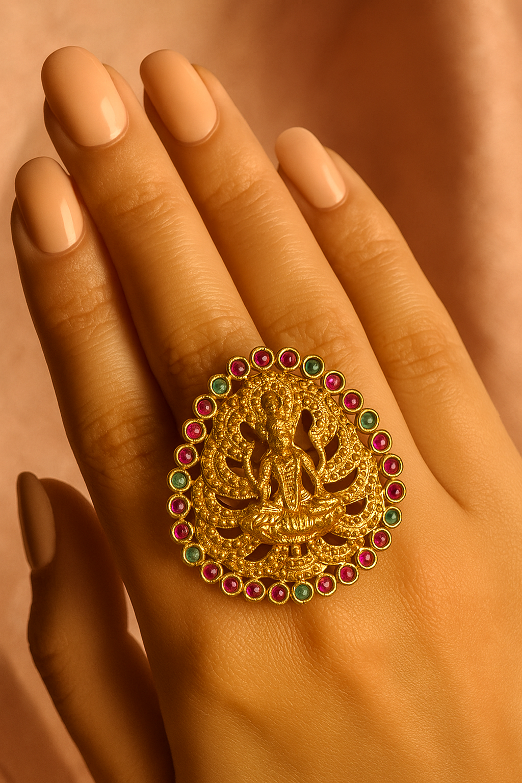 Temple Lakshmi Adjustable Ring – Antique Gold with Ruby & Green Stone Border