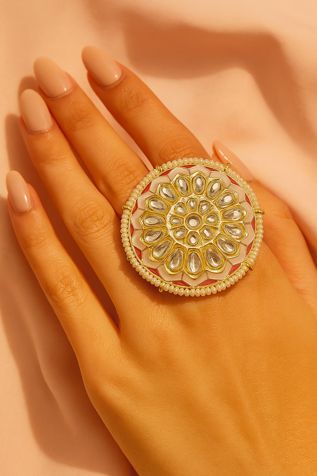 Pink Enamel Kundan Adjustable Ring – Oversized Bridal & Festive Statement Ring