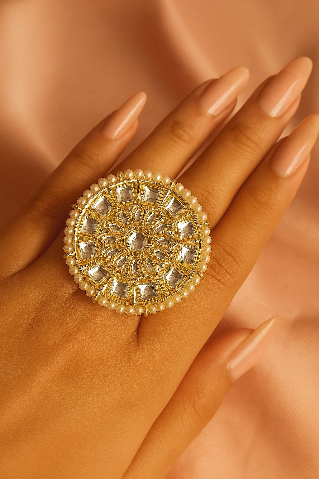 Pearl Edge Kundan Adjustable Ring – Grand Ethnic Statement Jewelry