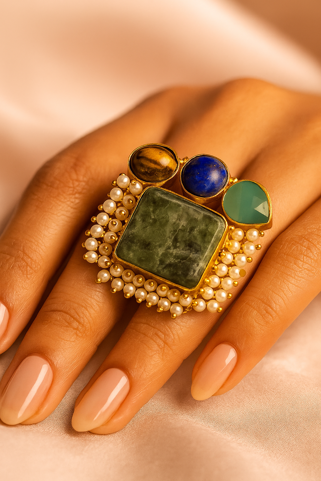 Multistone Square Adjustable Ring with Pearl Border