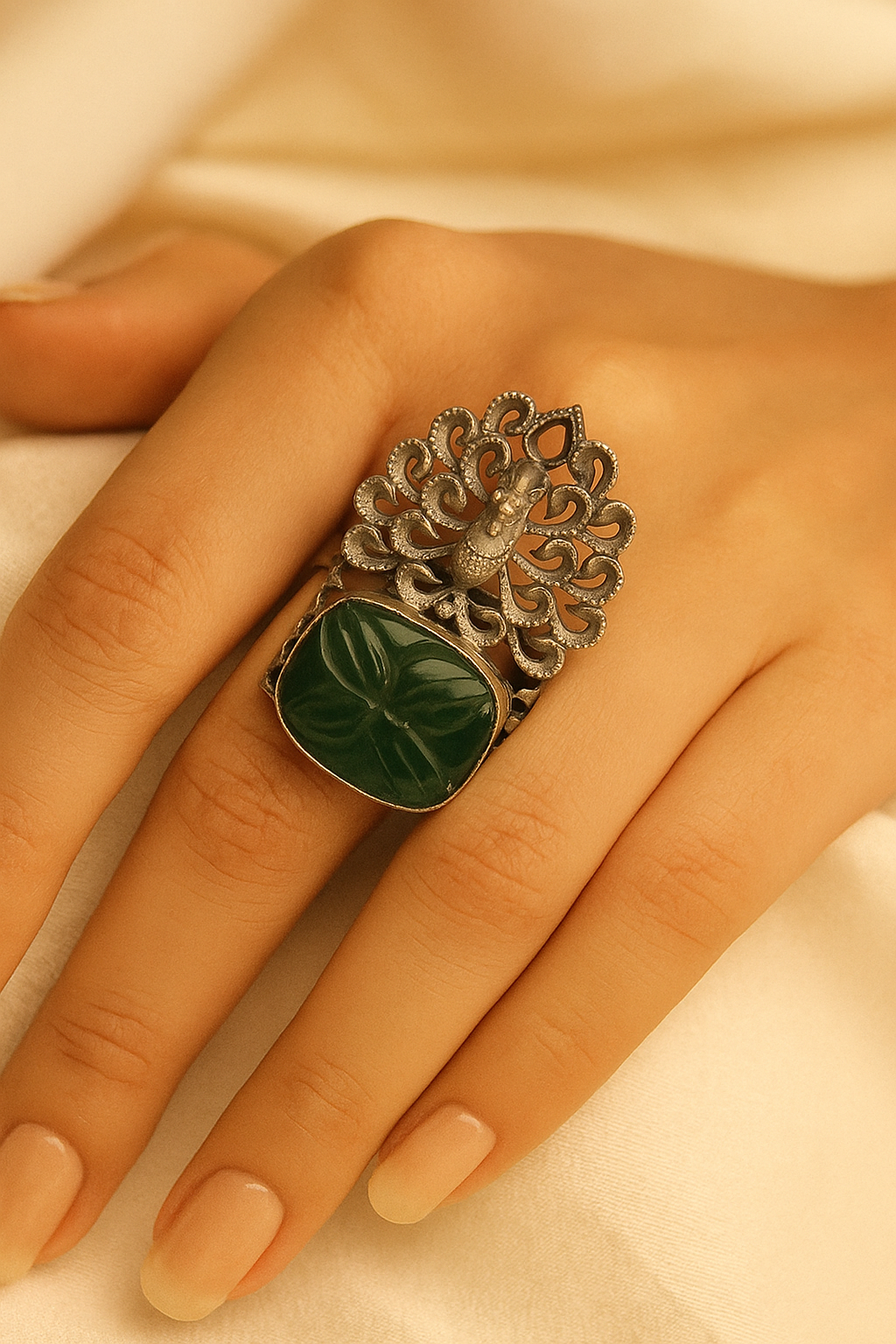 Peacock Design Adjustable Oxidized Silver Ring with Green Stone