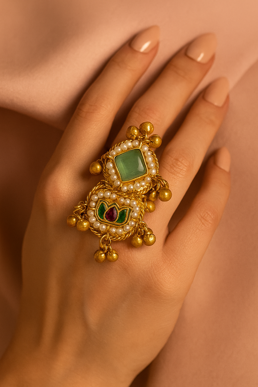 Lotus Design Dual Motif Adjustable Ring with Green Stone & Pearl Detailing