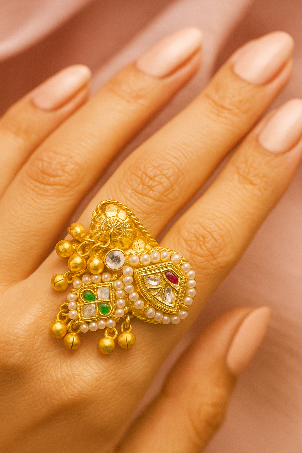 Royal Kundan Adjustable Ring with Pearls & Ghungroo Drops