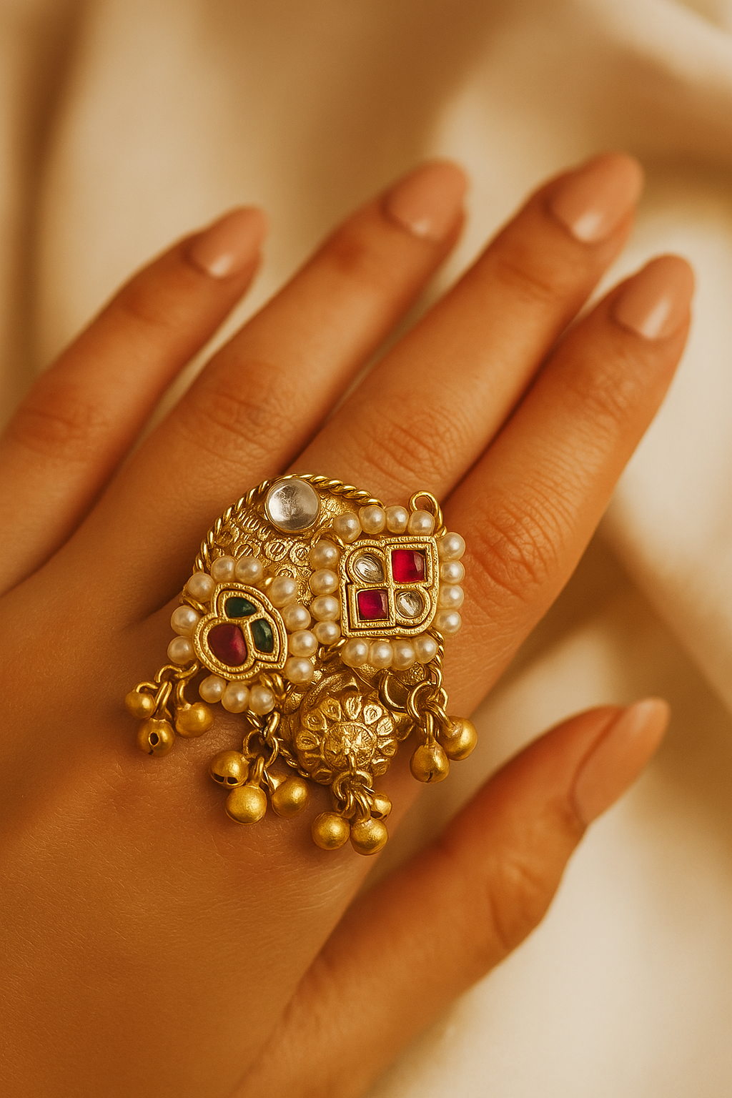 Dual Motif Kundan Adjustable Ring with Pearls & Ghungroo