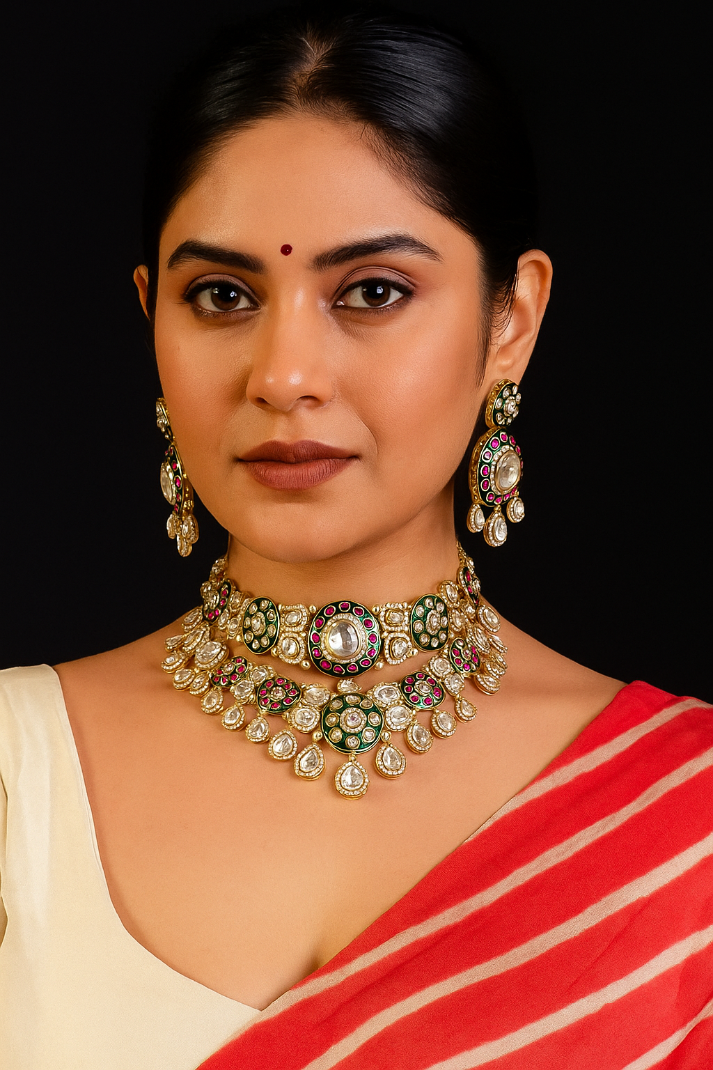 Royal Kundan Choker Necklace Set with Earrings – Green & Ruby Accents