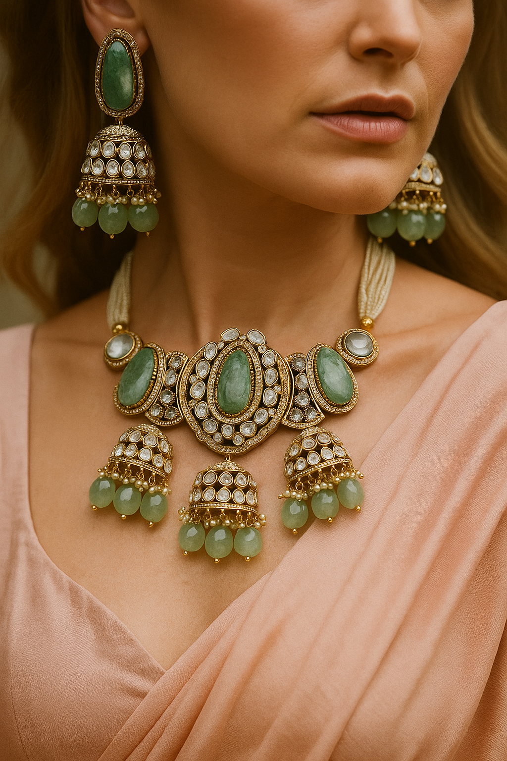 Emerald Green Kundan Necklace Set with Jhumka Earrings
