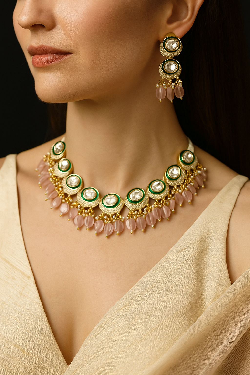Elegant Kundan Necklace Set with Pink Beads & Earrings