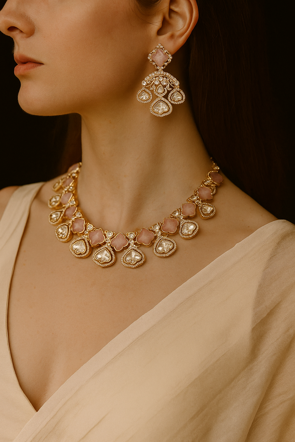 Elegant Pink Stone & Kundan Necklace Set with Earrings