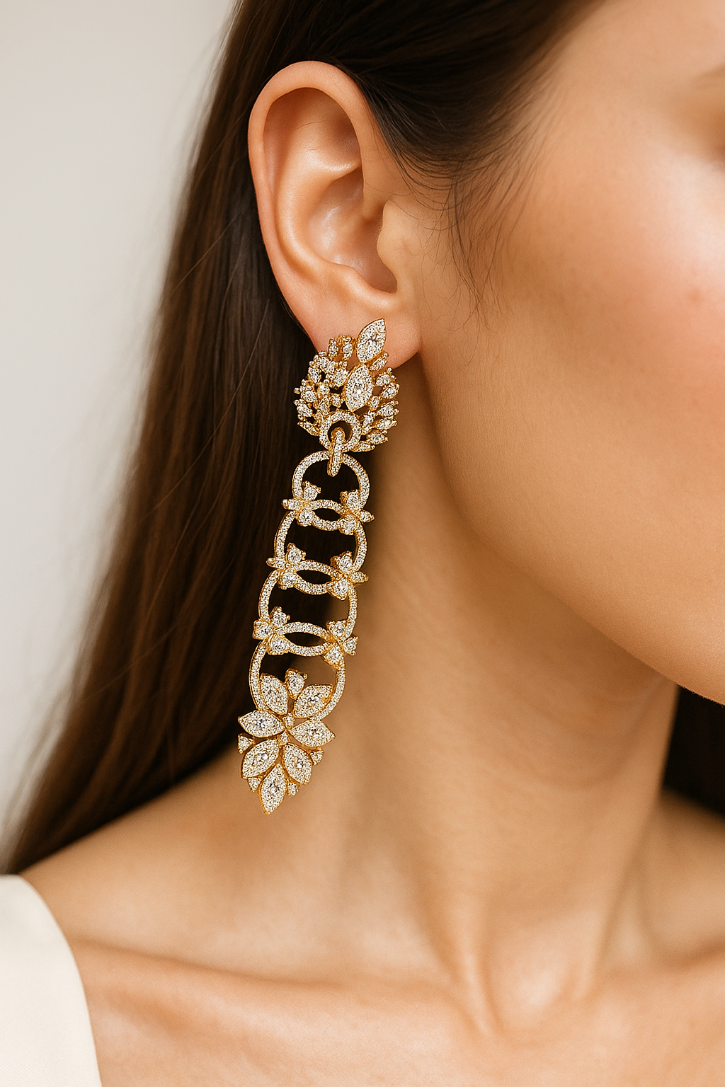 Elegant Floral Diamond Look Long Earrings