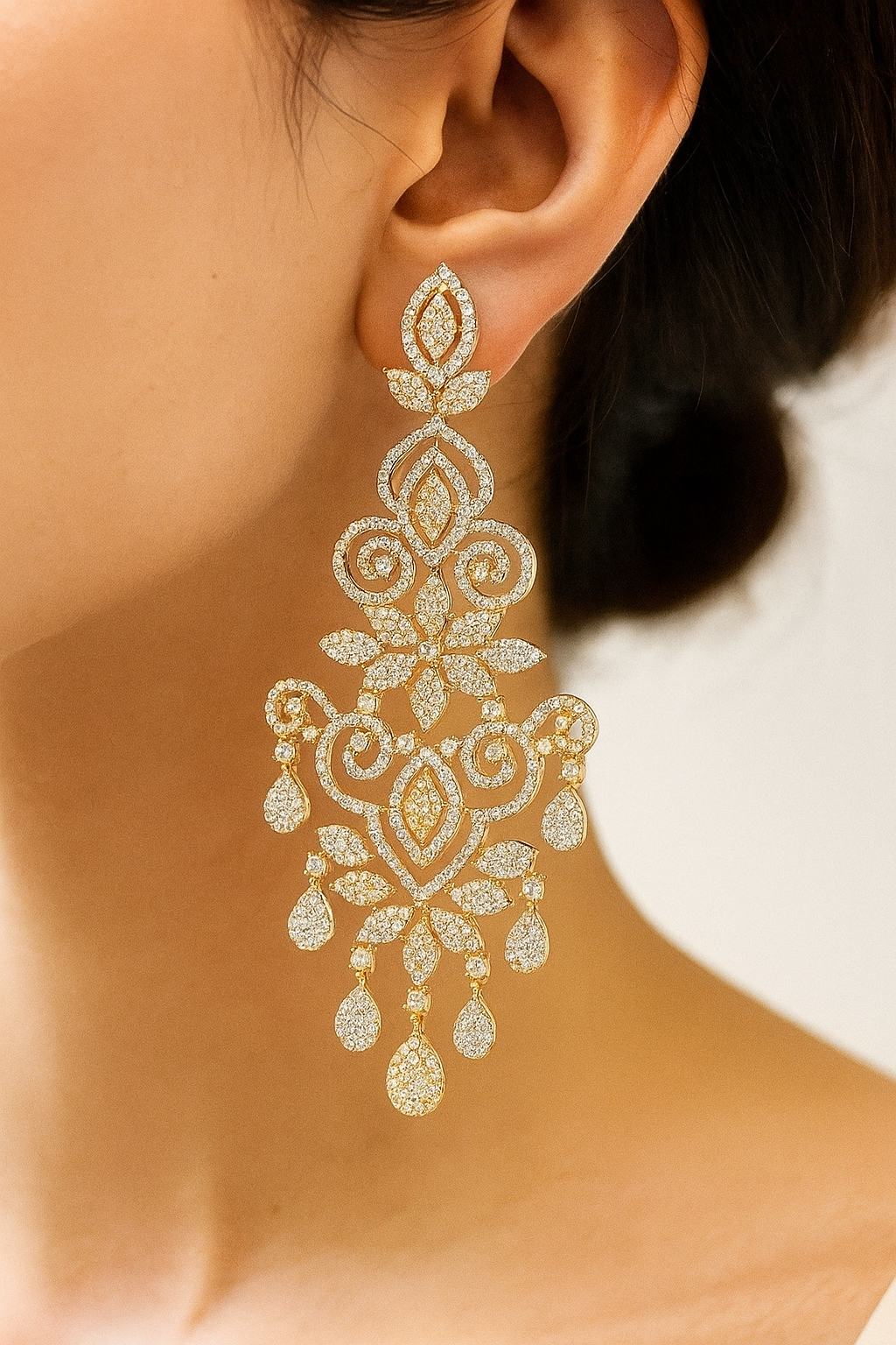 Gold & Silver Diamond Look Floral Long Earrings